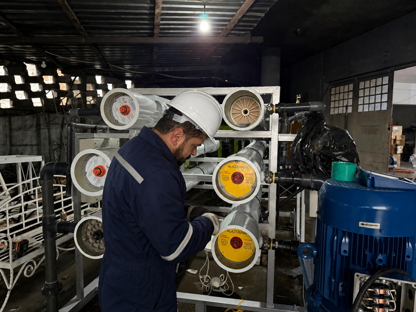 AQUA MAXI technician working safely on a reverse-osmosis system in the workshop