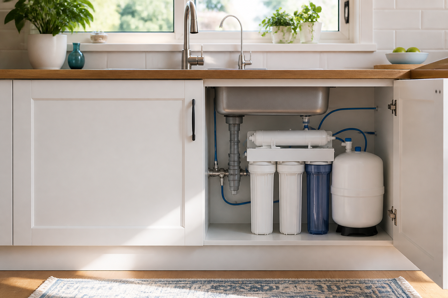 Residential reverse-osmosis system installed beneath a kitchen sink